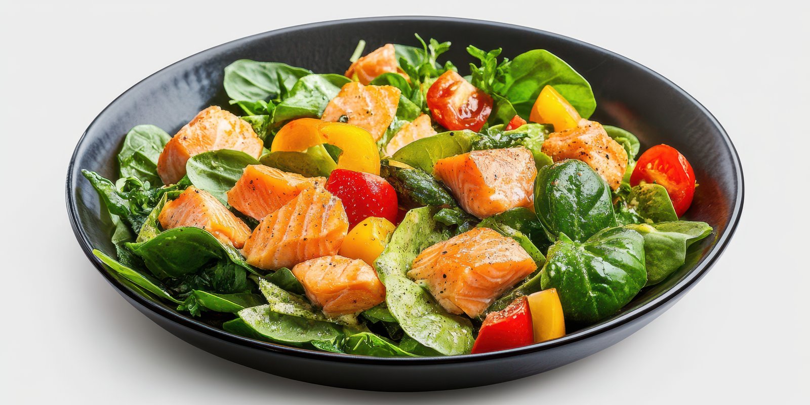 Fresh spinach salad with grilled salmon and colorful vegetables served in a black bowl on a white background